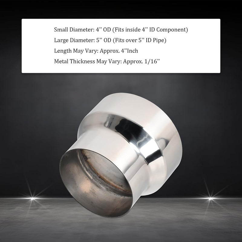 SSN Exhaust Pipe Reducer Component Adapter 4 Inch OD to 5.0 Inch OD Polished 304 Stainless Steel Universal OD 4" to OD 5.0" Exhaust Pipe Reducer Adapter 4 Inch Length-Pair 2 Pcs - Image 3